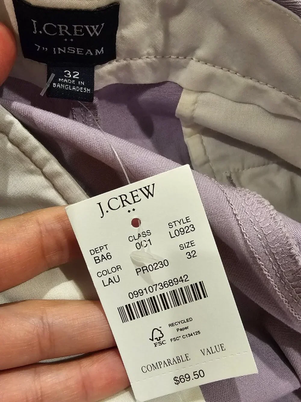 J.Crew Men's Chino Shorts Cotton Light Purple Size 32 Flat Front